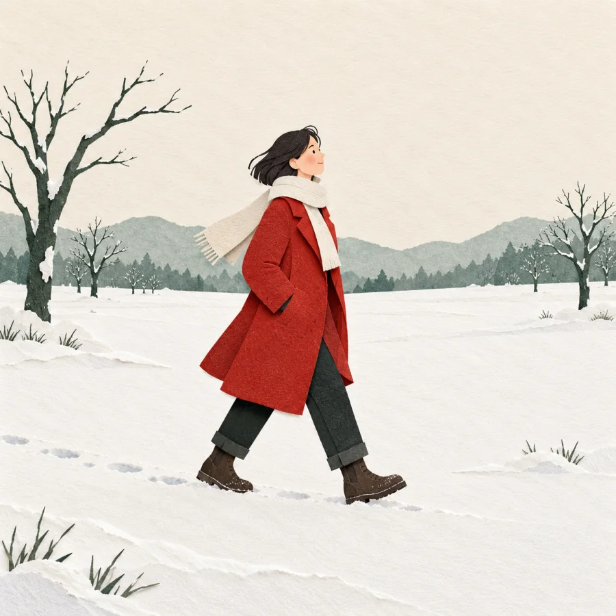 A person in red walks across a snowy plain