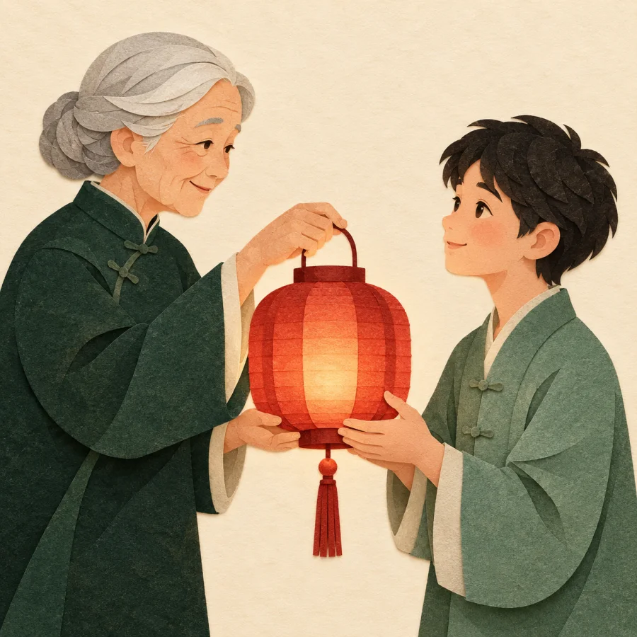 An elder hands a lit red lantern to a young person