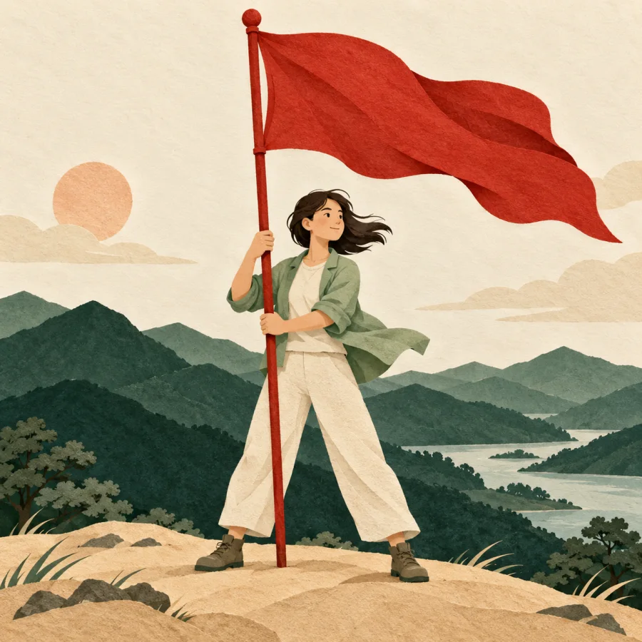 A person firmly holds a red flagpole in the wind