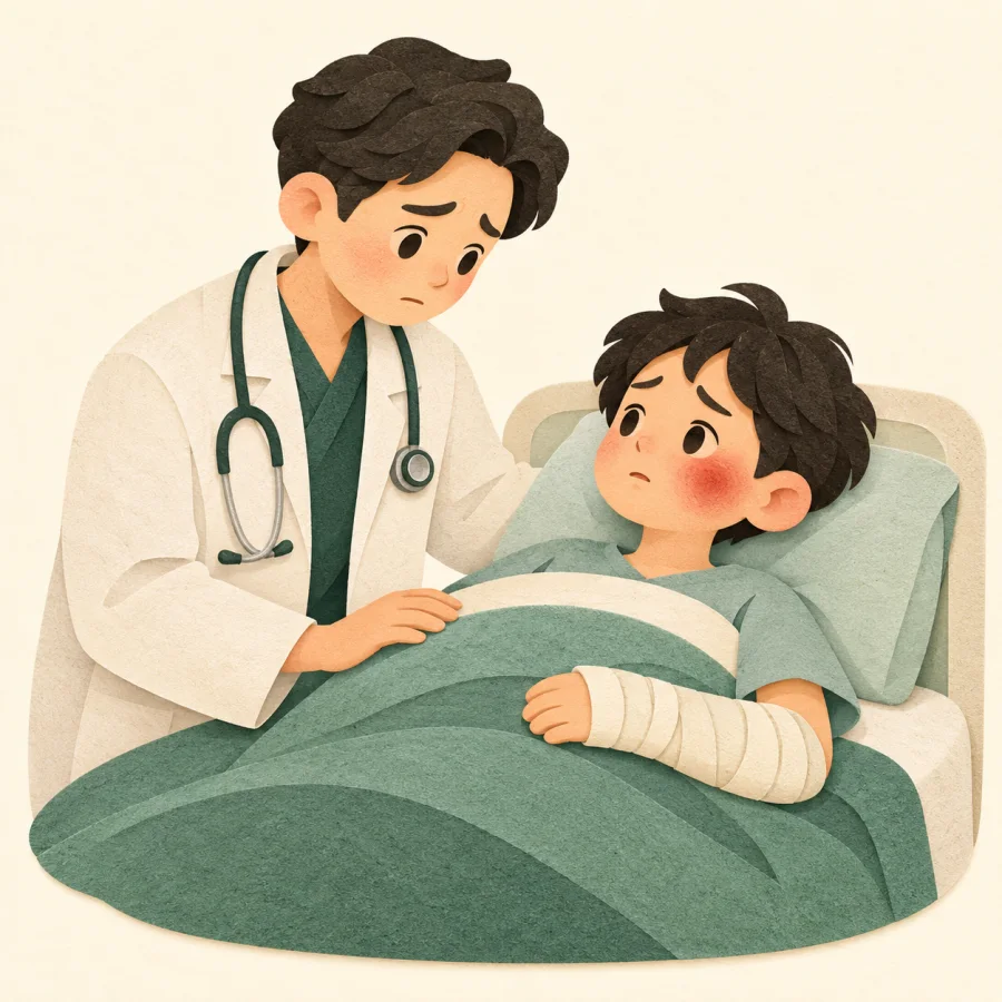 A worried doctor looks at a patient in bed