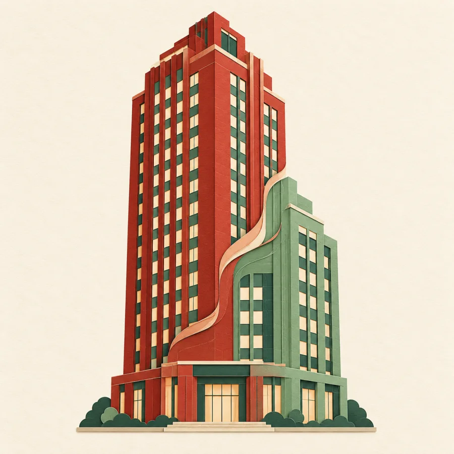 A big red building merges with a small green one