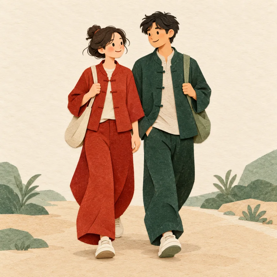 Two people walk side by side on a sandy path