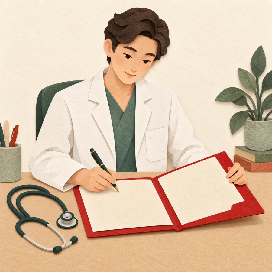 A doctor writes in a red folder on a desk