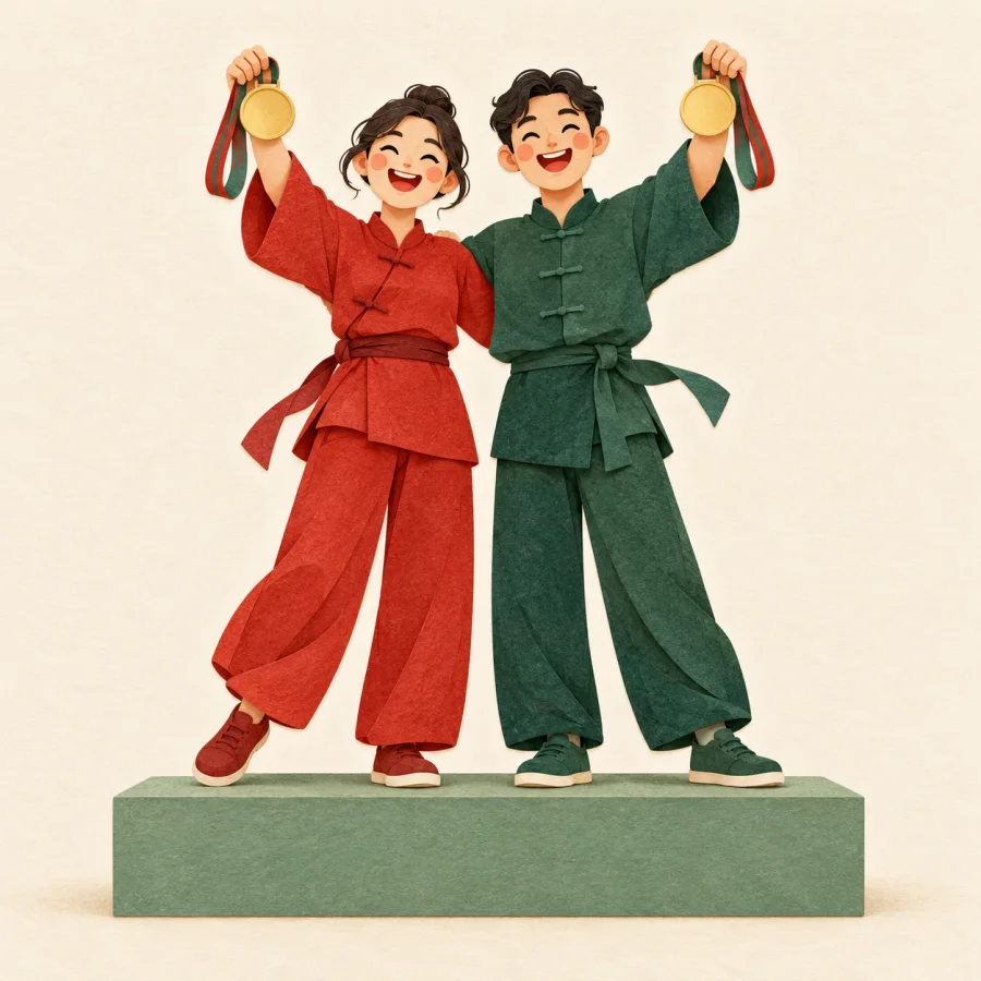 Two winners stand on the same podium step