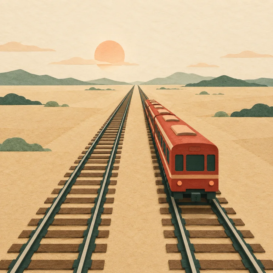 Two parallel railway tracks with a red train on one