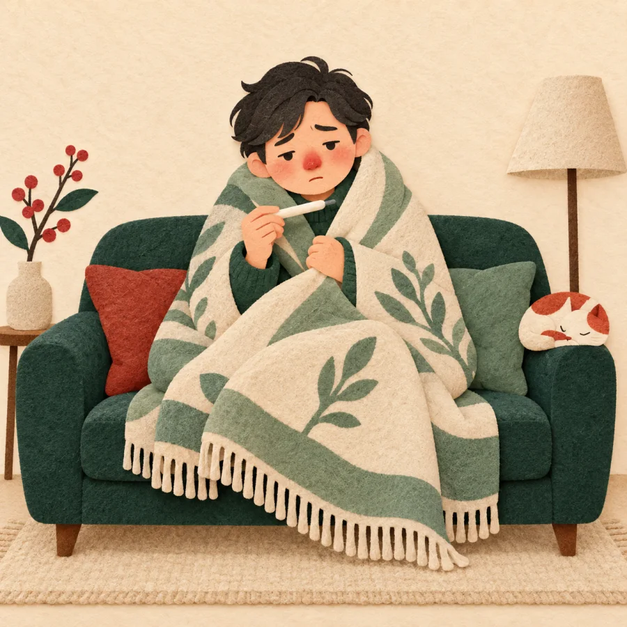 A sick person in a blanket with a thermometer on a sofa