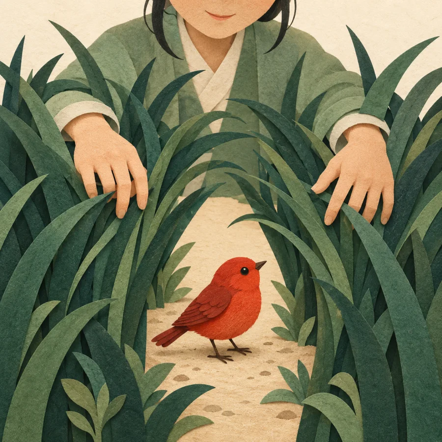 A person parts tall grass and sees a red bird