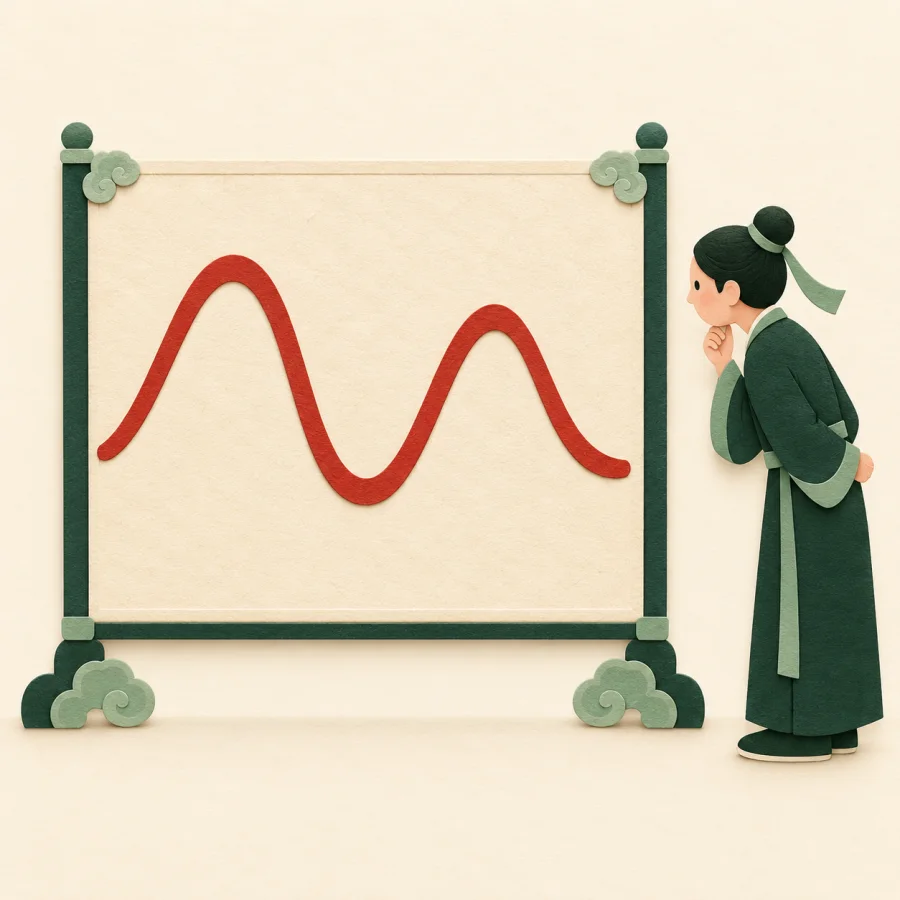 A red wavy line rising and falling on a board