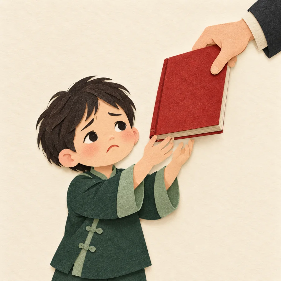 A big hand takes a book from a sad child