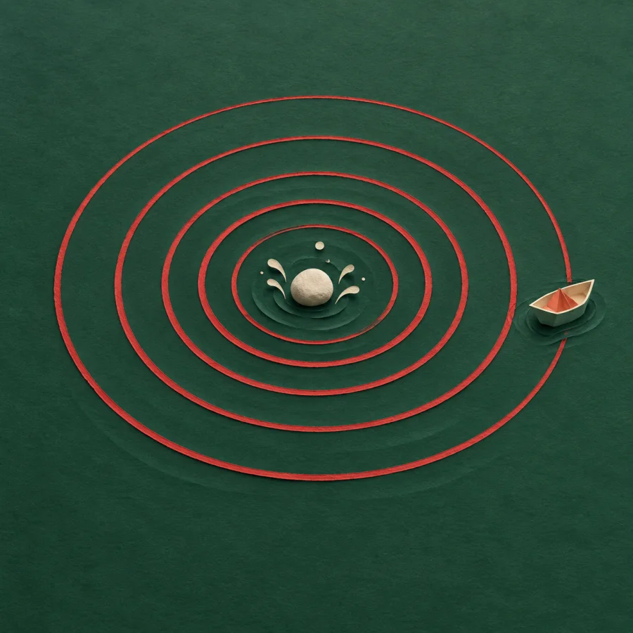 Red ripples from a stone spread to a small boat