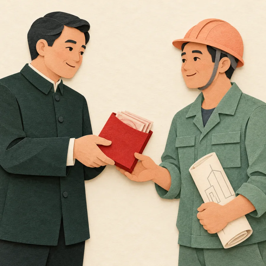 An official hands a builder a fat red envelope