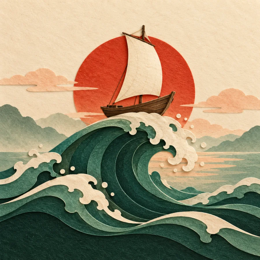 A small sailboat riding a big wave