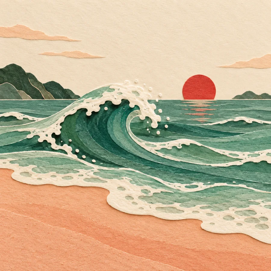 Gentle waves roll onto a sandy beach