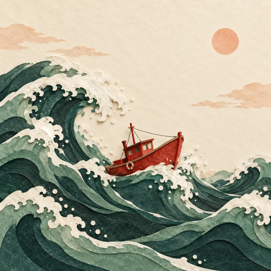 A fishing boat among huge green billows