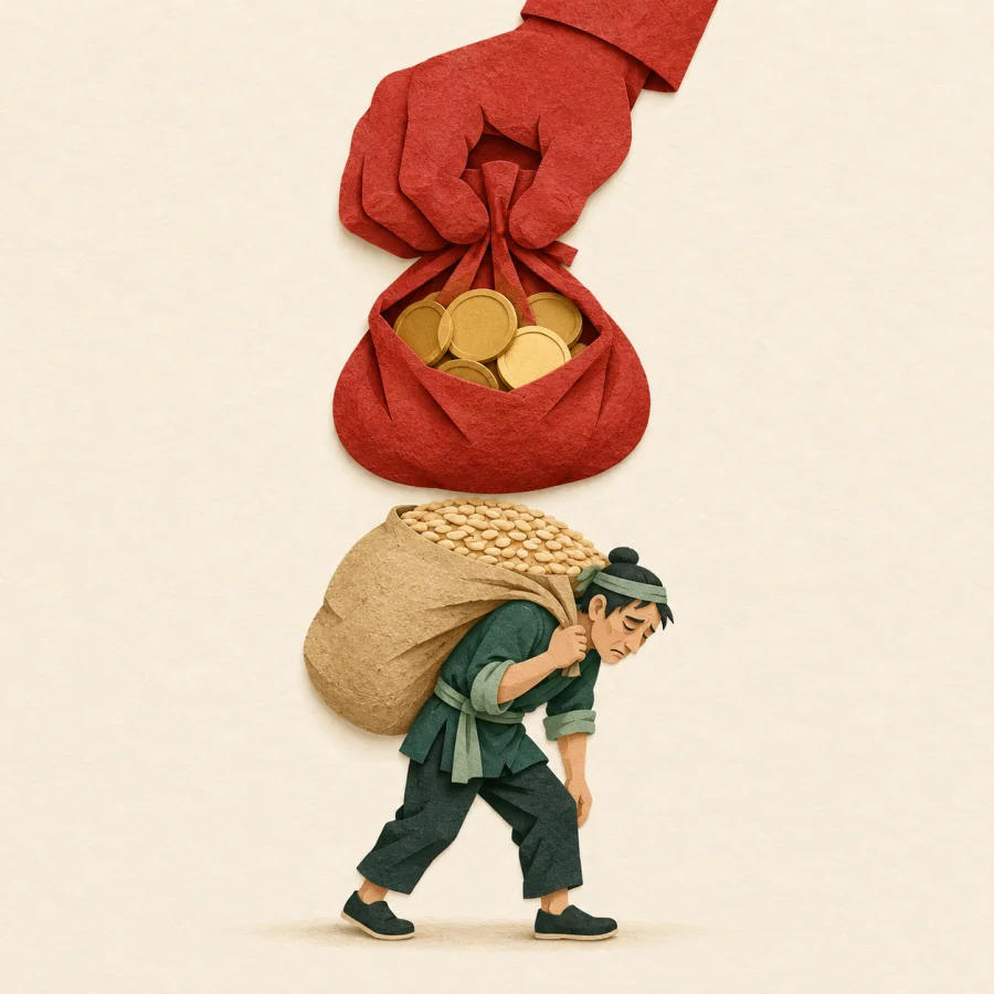 A big hand grips a coin bag over a tired worker