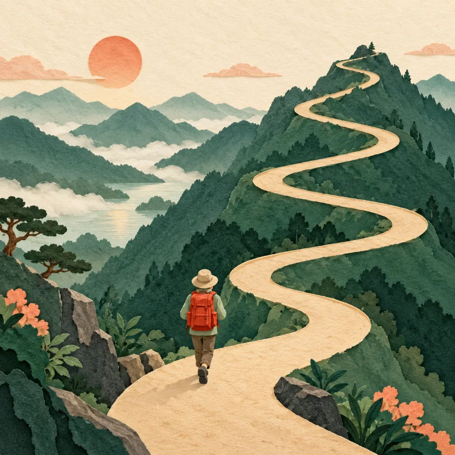 A traveler with a red backpack on a winding road