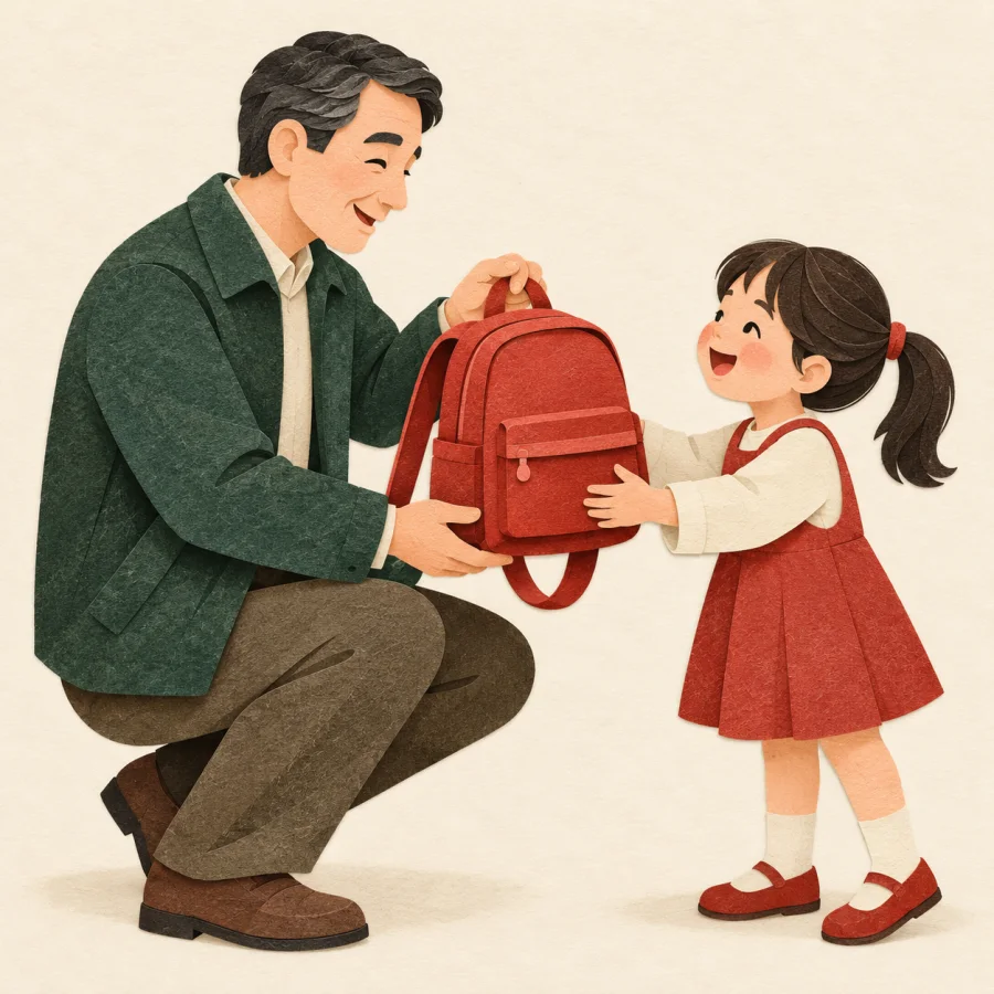 A smiling man gives a child a red backpack