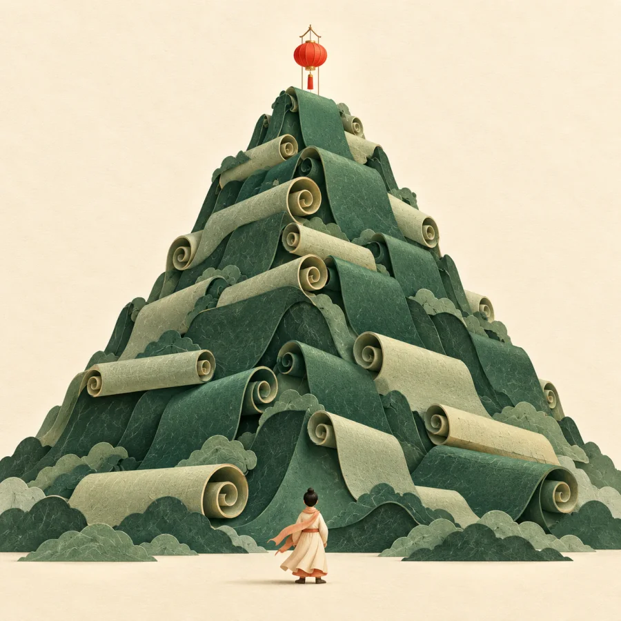 A tiny person before a huge mountain of scrolls