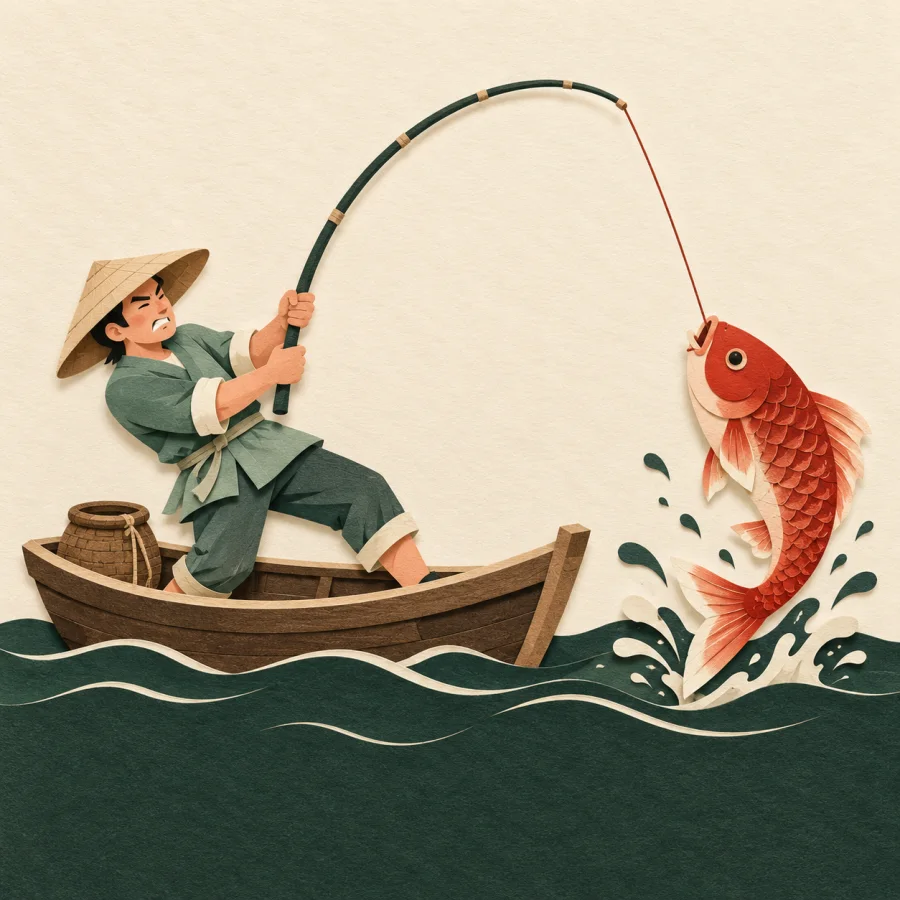 A fisherman strains on a rod with a big red fish