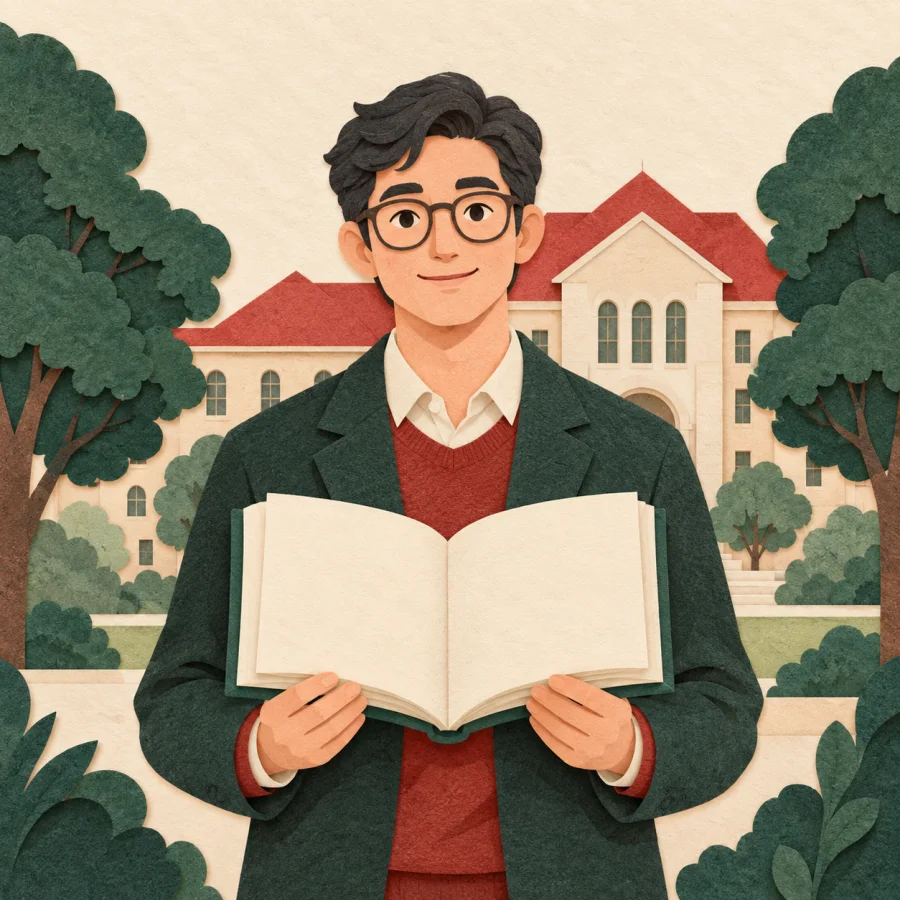 A man with glasses holds a book by a university