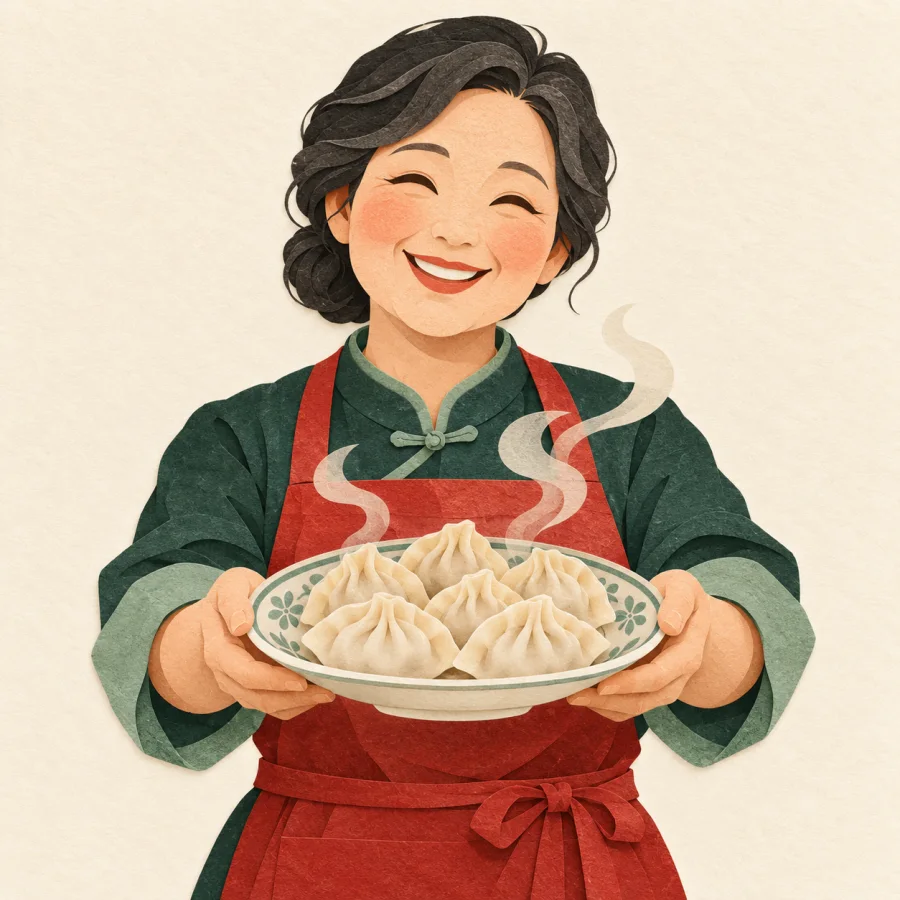 A kind woman in a red apron holds a plate of dumplings
