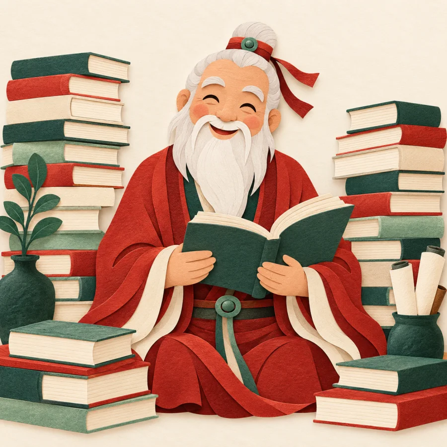 A white-bearded scholar among tall stacks of books