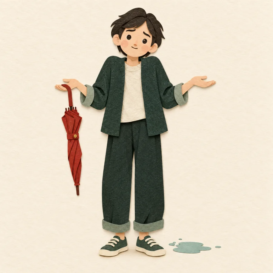 A person shrugs beside a tiny puddle