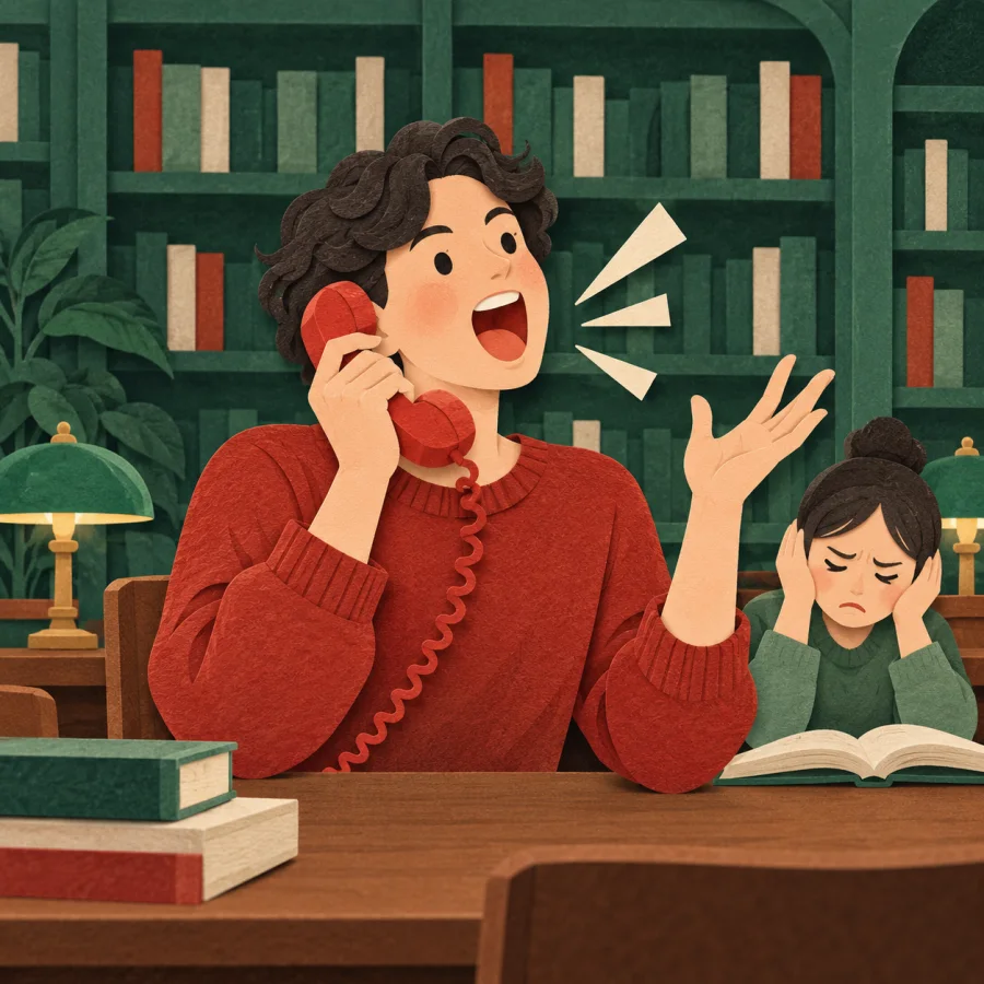 A person talks loudly on the phone in a library