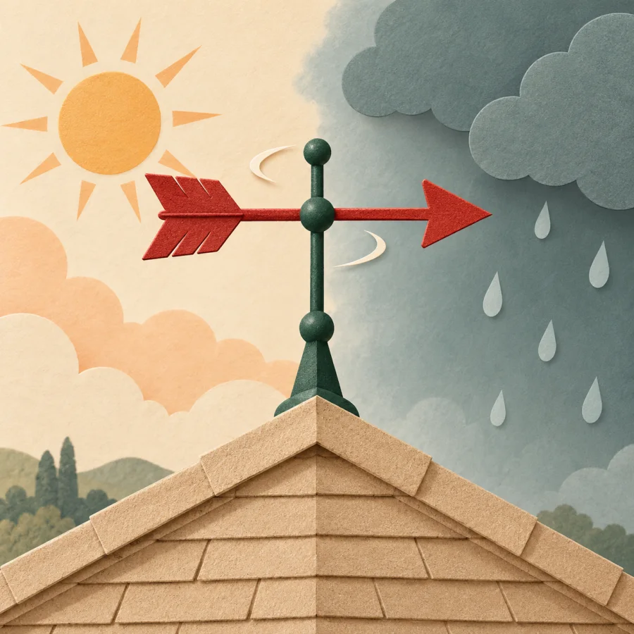 A weather vane under a half sunny, half rainy sky
