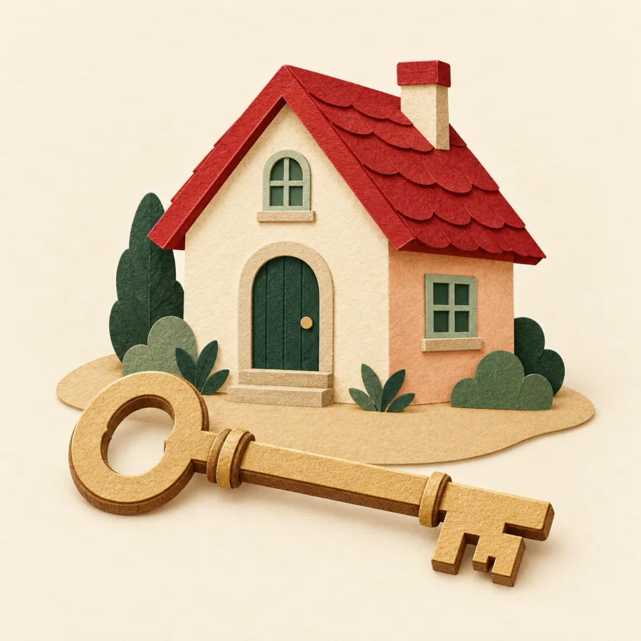 A paper house with a red roof and a key in front