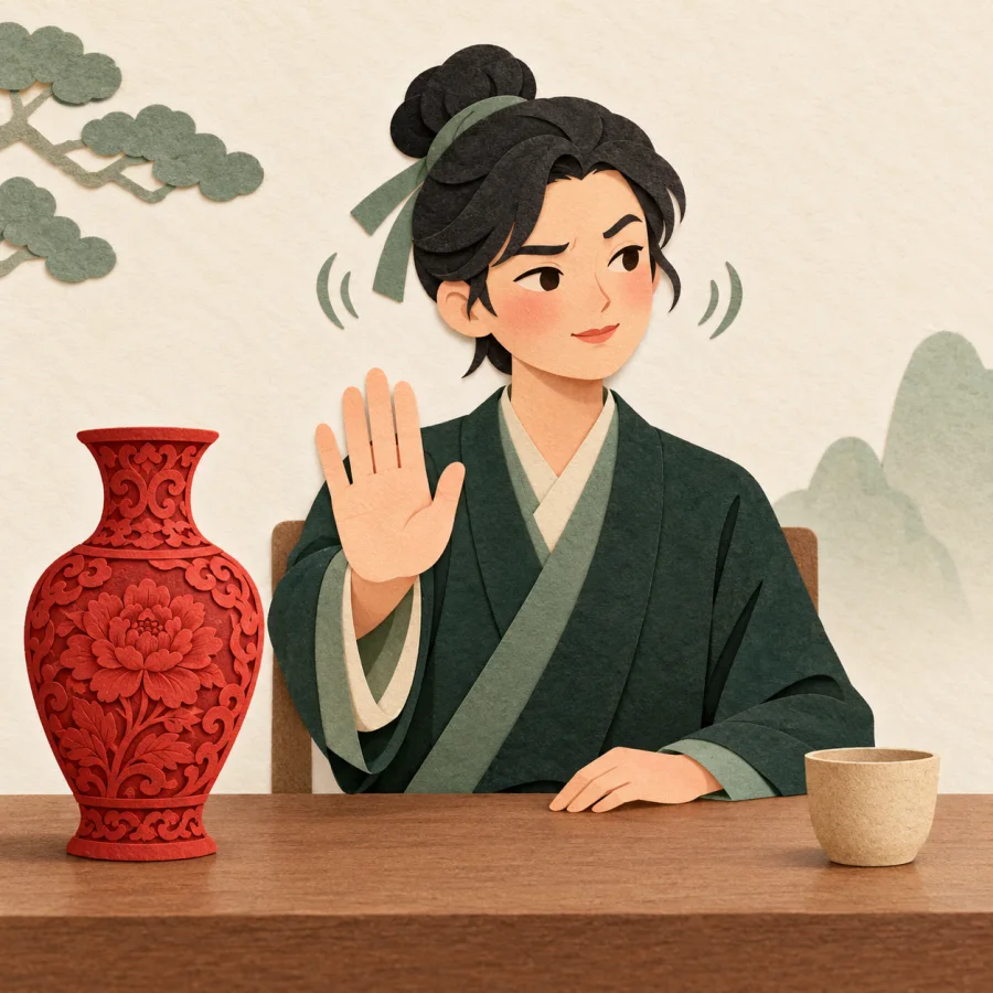 A person with a raised palm between a vase and a cup