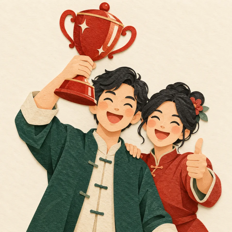 A smiling person with a red trophy, a friend gives thumbs up