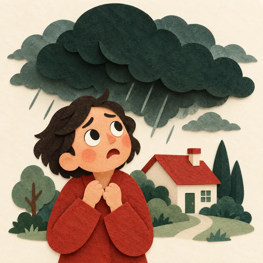 A worried person looks at a dark cloud over a house
