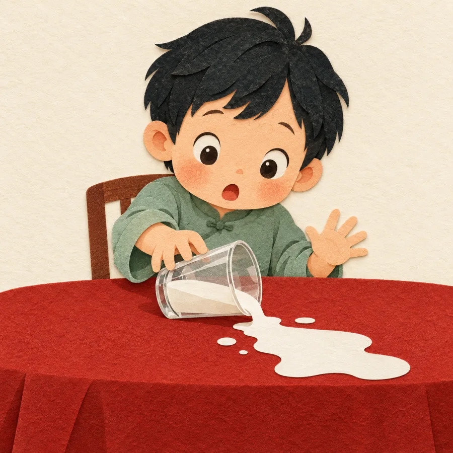 A child accidentally knocks over a glass of milk
