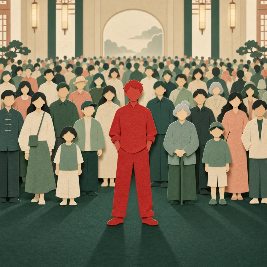 A big crowd of paper-cut people in a hall