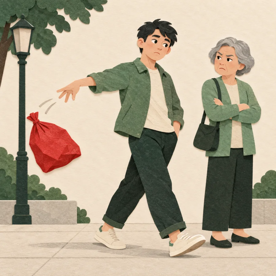 A person throws rubbish on a clean street, a passerby frowns