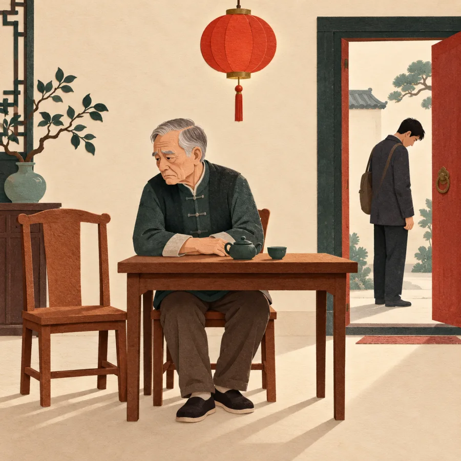 An old man turns away from a young man with bowed head