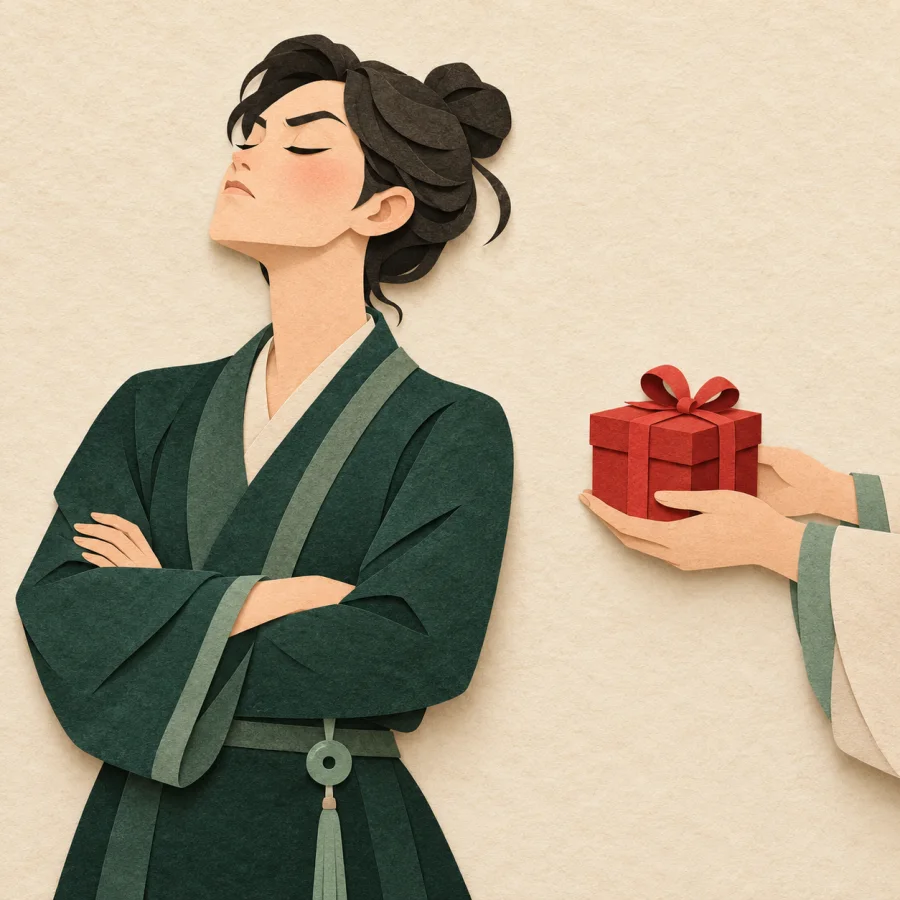 A person with a raised chin turns away from a small gift