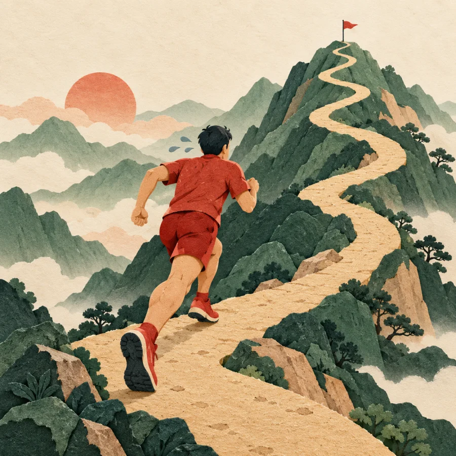 A runner in red steadily climbs a winding mountain path
