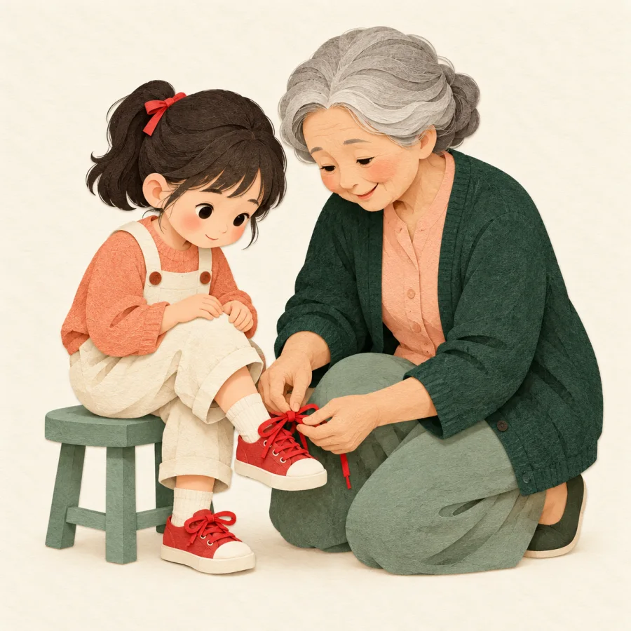 A grandmother shows a child how to tie a lace, again