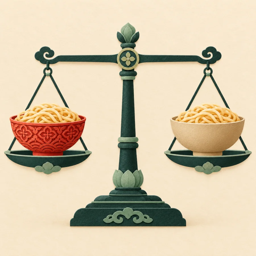 Balanced scales hold a red bowl and a sand bowl