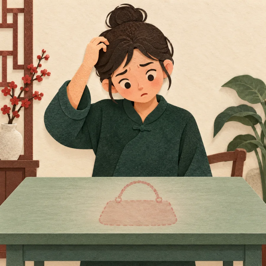 A puzzled person at an empty table with a purse outline
