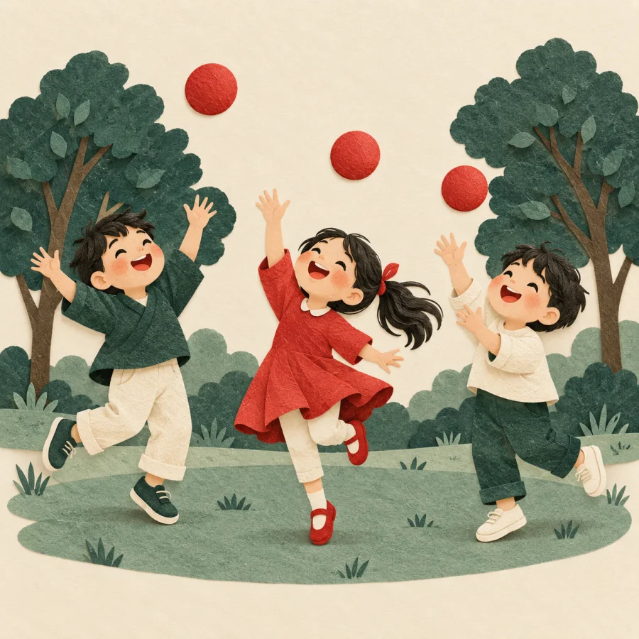 Children joyfully toss red balls in a park
