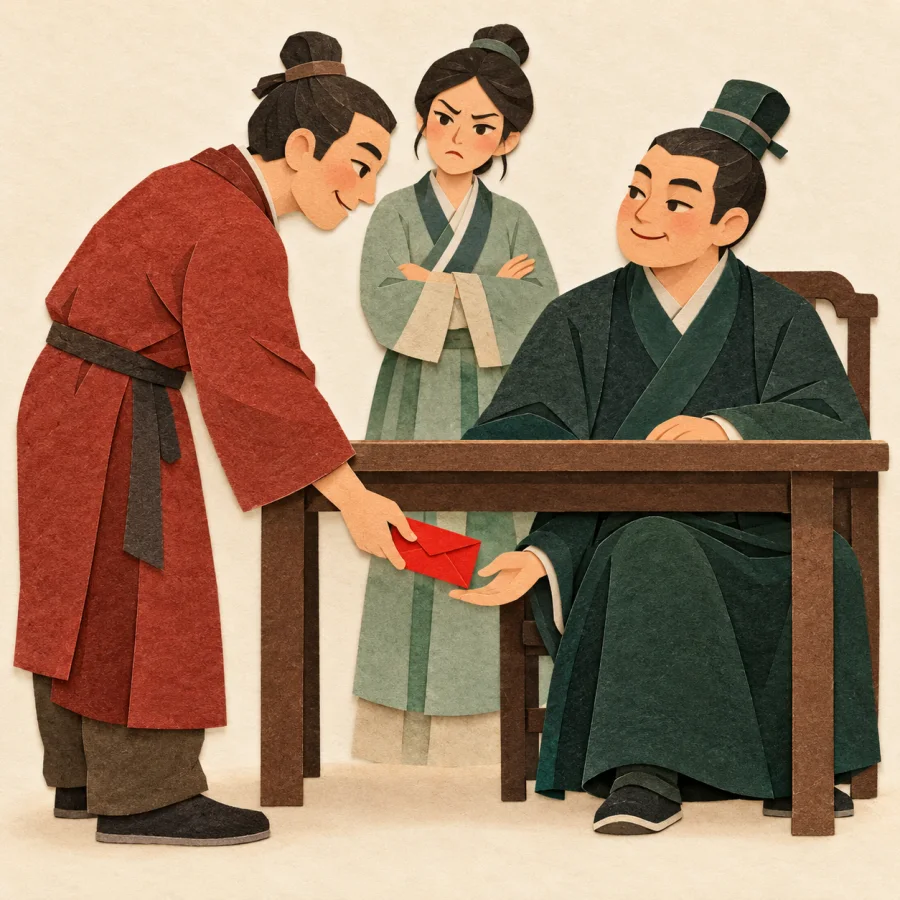 A person slips a red envelope under a table