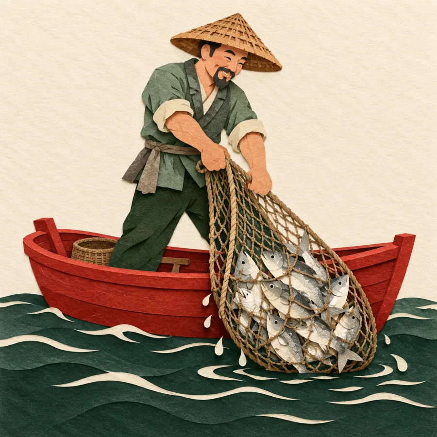 A fisherman hauls up a net full of silver fish
