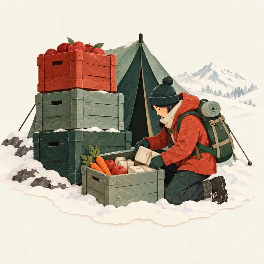 Crates of food by a tent on a snowy mountain
