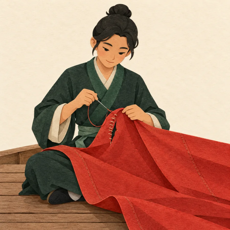 A person mends a torn red sail with needle and thread