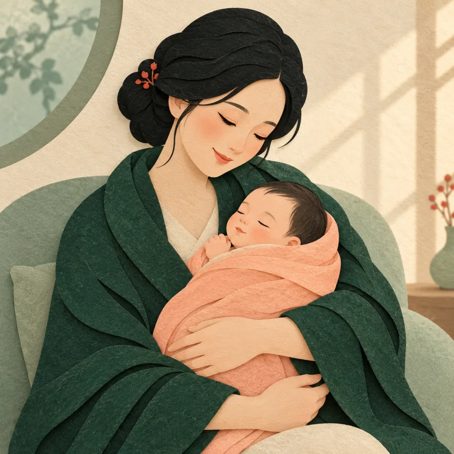 A mother in a green shawl cradles a baby
