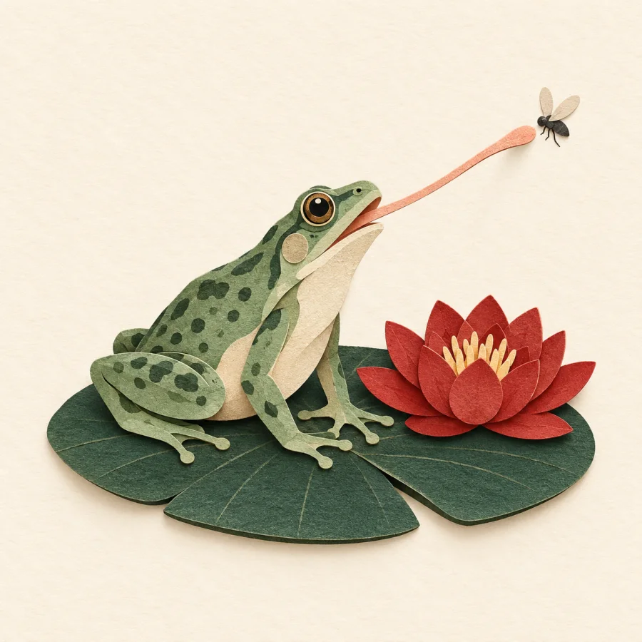 A green frog flicks its tongue at an insect