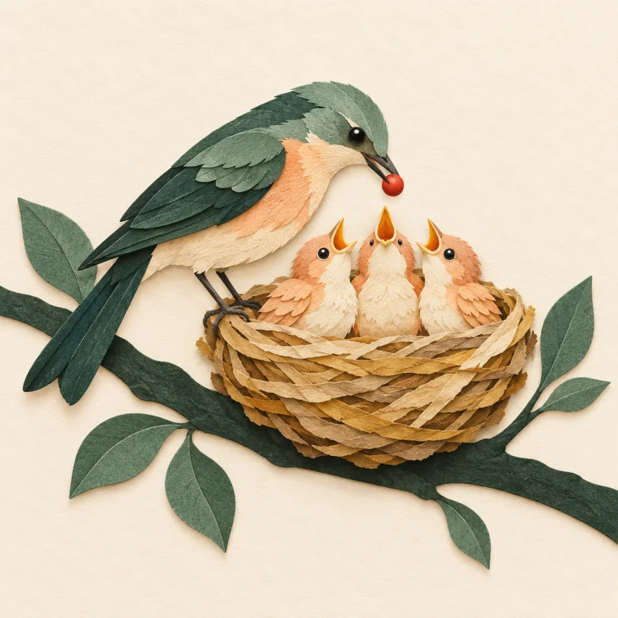A bird feeds three open-beaked chicks in a nest